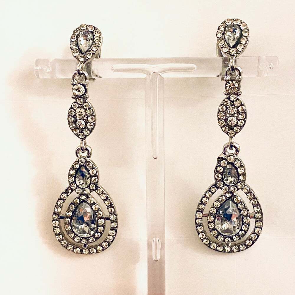 Rhinestone Drop Clip On Wedding Earrings